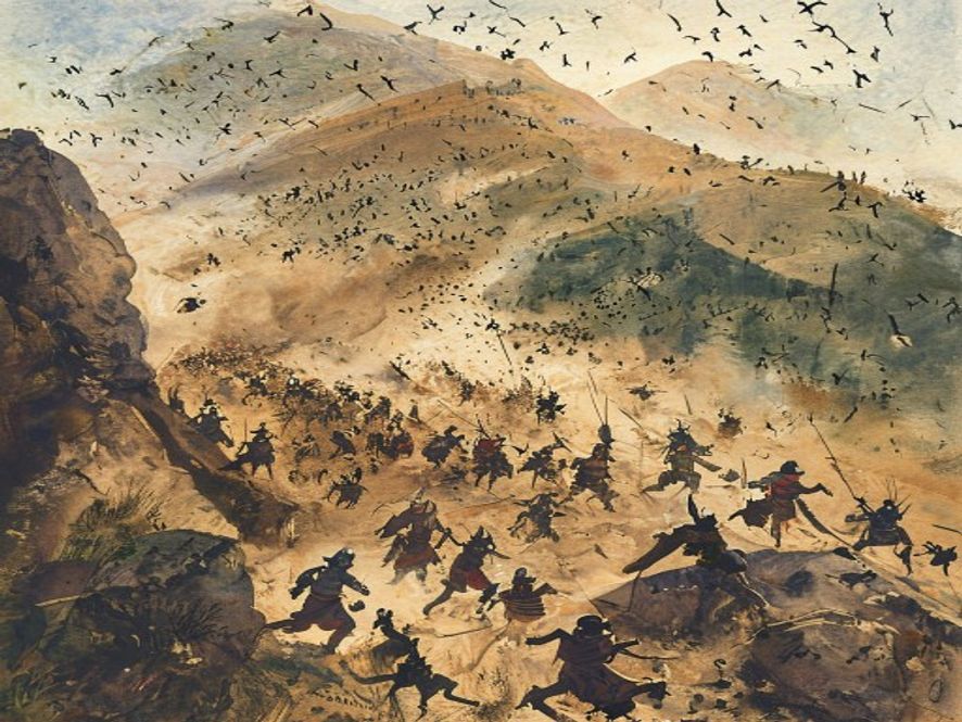 以色列战士在山坡上被亚摩利人击退，混乱中人们溃散下来，西珥山在背景中，沙尘扬起
