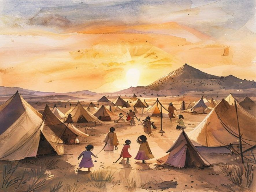 以色列家庭在沙漠夕阳下回到各自的帐篷，孩子们在帐篷间玩耍，远处何烈山余晖映照，静谧温暖的营地场景
