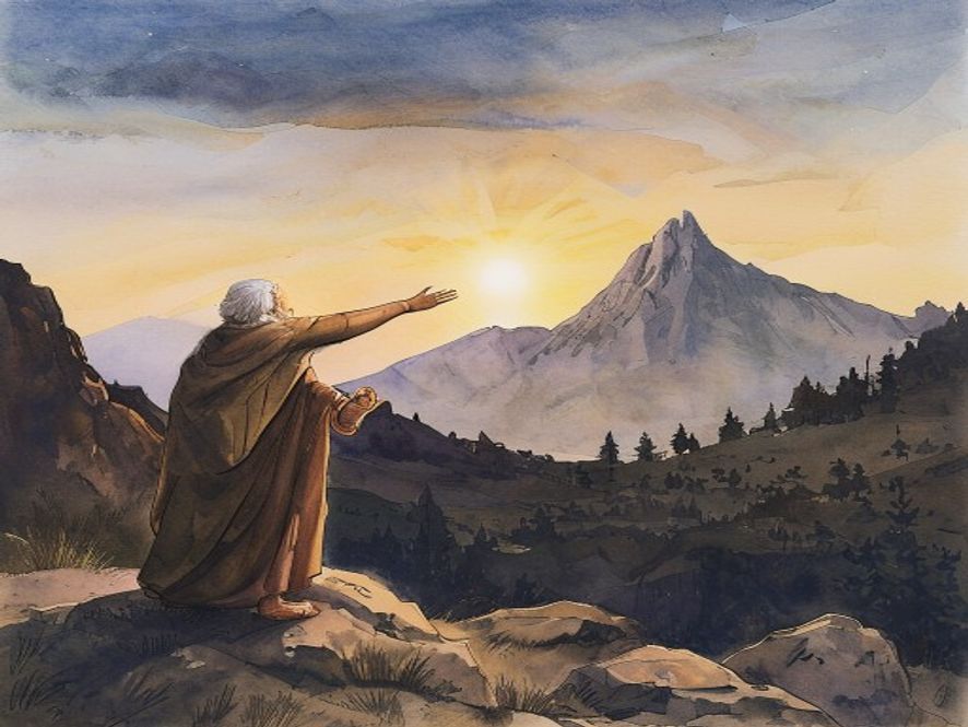 白发摩西独自站在岩石山坡上，暮色中一手伸向远处发光山顶一手伸向山下以色列营地，作为天地之间的中保