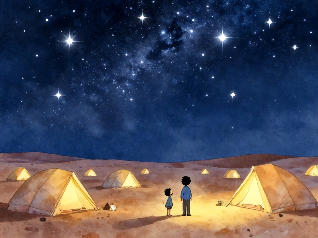 浩瀚星空下的沙漠营地，满天繁星闪烁，一个父亲和孩子仰头观望，帐篷群落在星光下安静而辽阔
