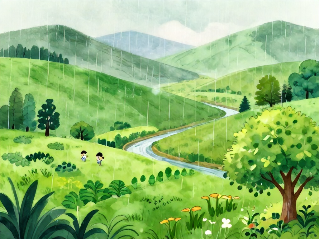 迦南美地有山有谷，雨水滋润，果树庄稼茂盛，溪流穿行翠绿山丘间