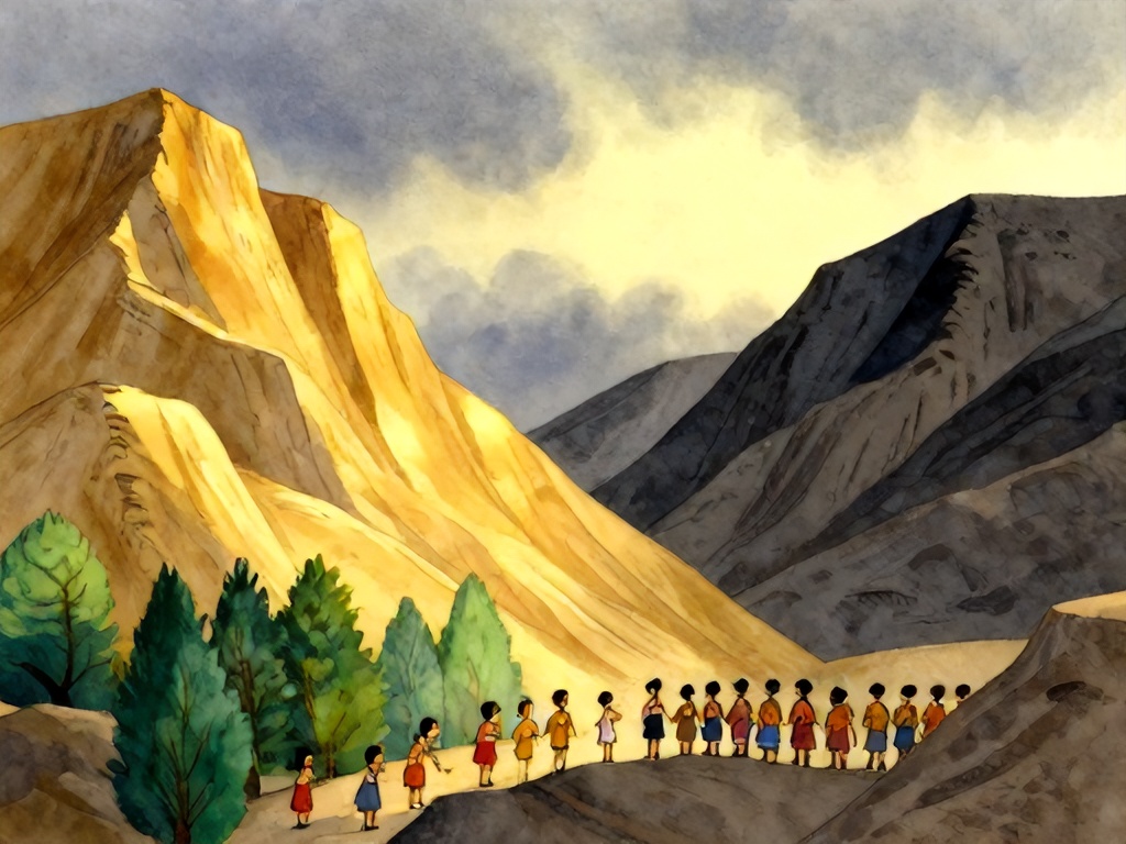 两座山面对面，左边基利心山金光绿树祝福之地，右边以巴路山灰暗荒凉咒诅之地，以色列人聚集在两山之间的山谷