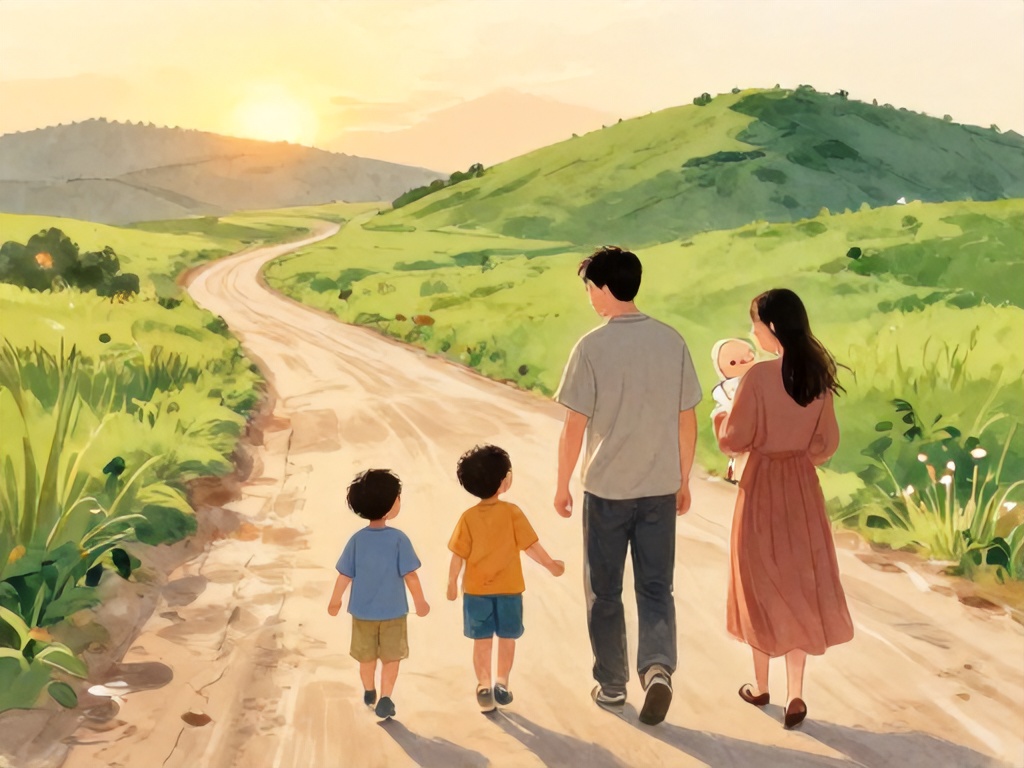 一家人在黄昏土路上行走，父亲边走边和孩子交谈，母亲抱着婴孩，道路蜿蜒通向远方的绿色山丘