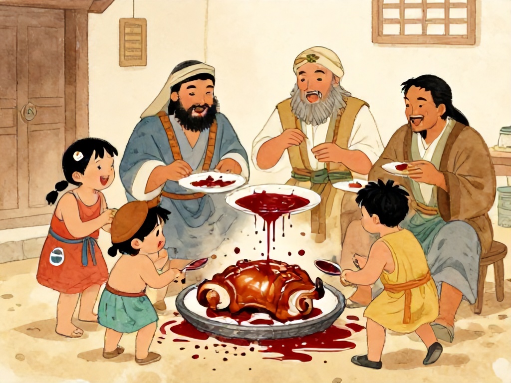 以色列家庭在露天庭院烤羊肉其乐融融，父亲将血倒在地上如同倒水，夕阳金黄温暖