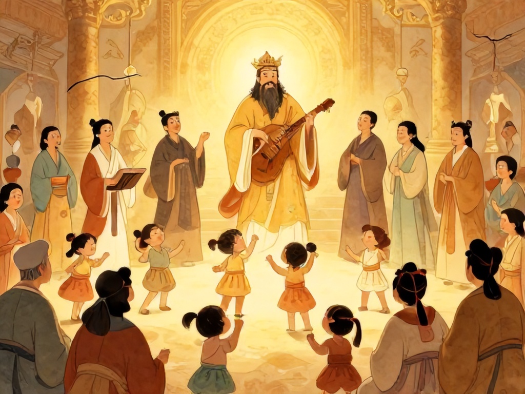 圣所前人们欢聚宴乐，家庭老幼和利未人一起享用祭肉，金色暖光洒满庭院，音乐笑声洋溢