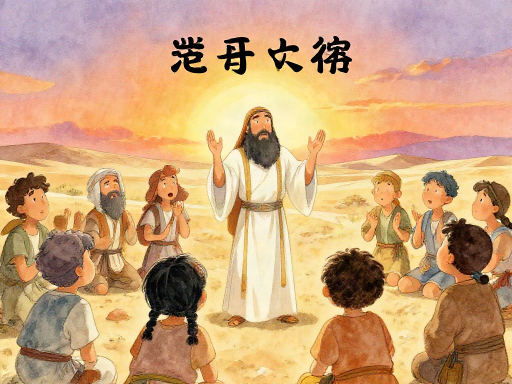 摩西举手向以色列人严肃宣告，旷野天空壮丽，众人认真聆听，警告拜假神的严重后果