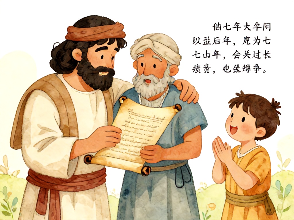古代以色列的一个希伯来人，温柔地卷起一份旧债卷，伸手拥抱他的邻舍，第七年豁免所有欠债，充满宽恕与喜乐