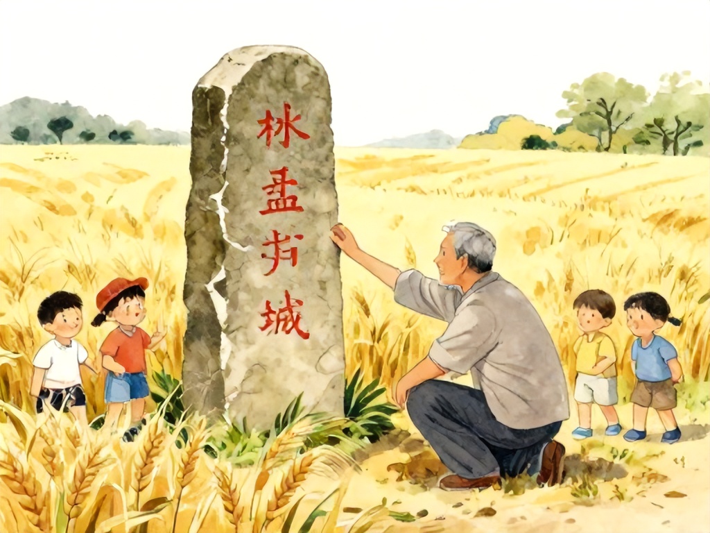 两块麦田中间立着一块古老的界石，一位慈祥的老人跪在旁边温和地告诉孩子不可挪移地界