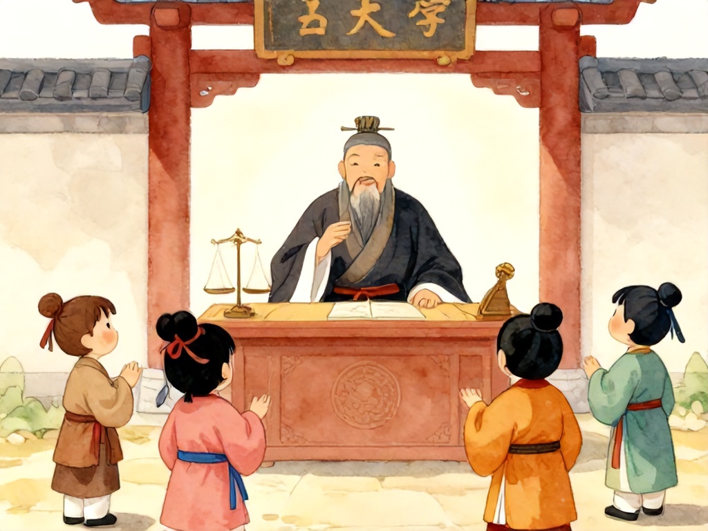 一位智慧的审判官坐在古代的城门口法庭上，两三个见证人在面前作证，公义的审判