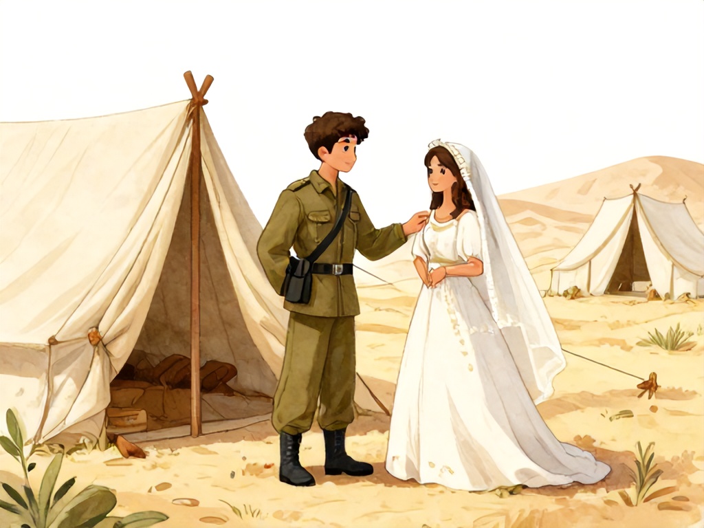 一位慈祥的官长温柔地让一个新婚的年轻士兵回家，士兵告别新娘，柔和的告别场景