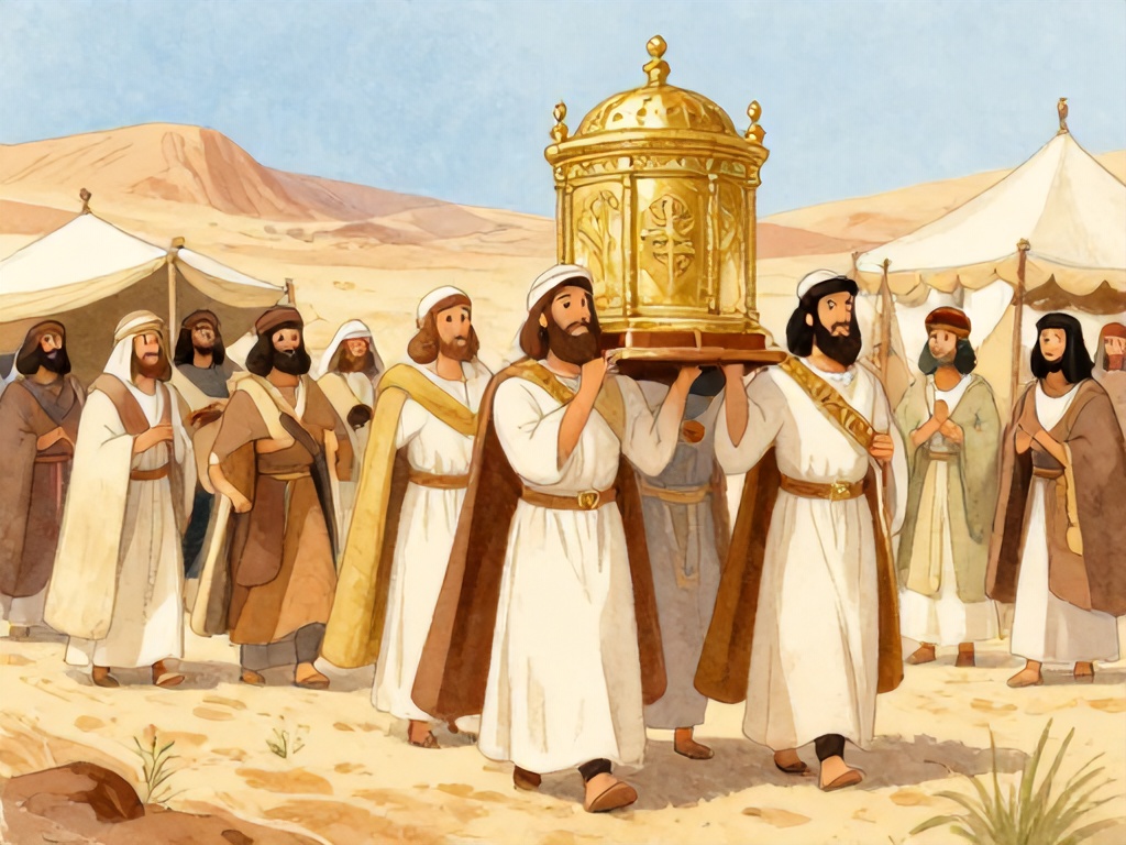 祭司恭敬地抬起金色的约柜走在以色列百姓前头，约书亚在旁鼓励百姓，沙漠营地背景，古以色列中东历史背景