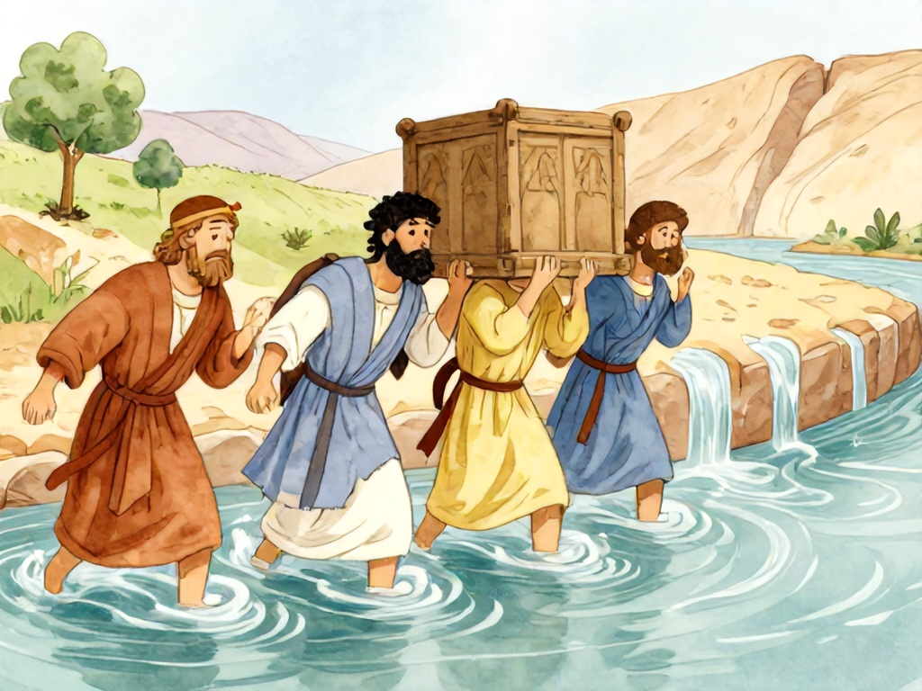 祭司抬着约柜踏进约旦河，上游河水神奇地停住并像墙一样立起成垒，河心露出干地，充满敬畏与惊奇，古以色列中东历史背景
