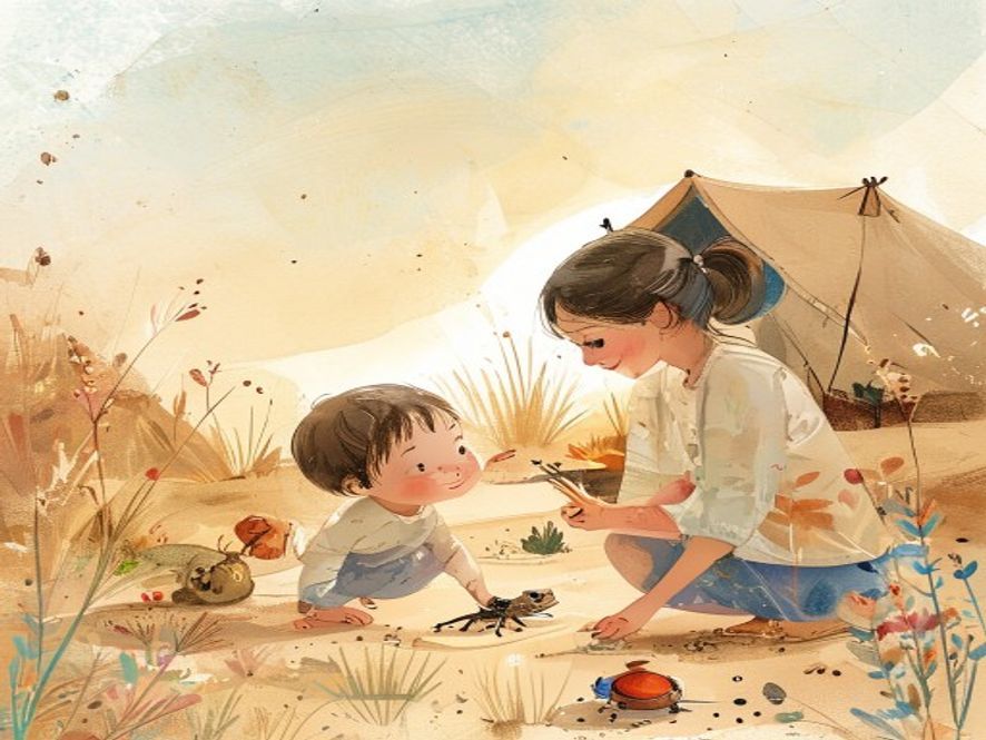 孩子蹲在地上看爬物，母亲教导