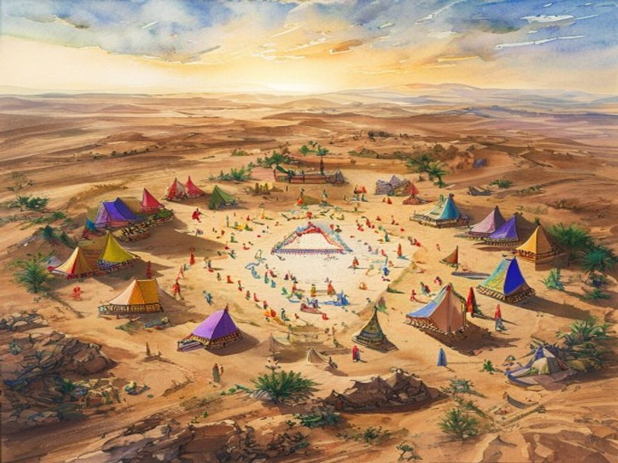 俯瞰全景：十二支派四营环绕，会幕居中，利未人在最内圈