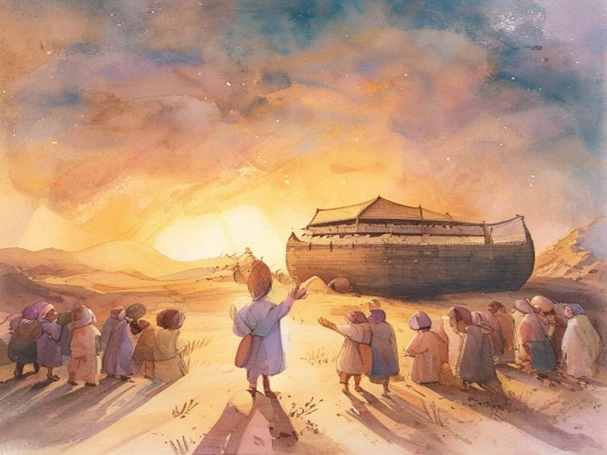 摩西在沙漠黄昏中举手祷告，约柜在前，营地安详