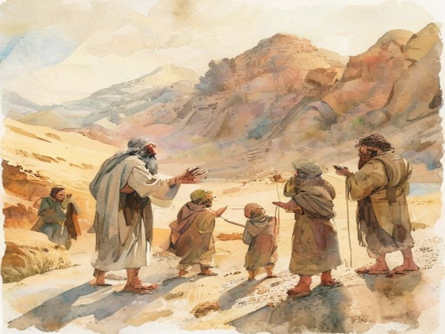 摩西伸手向十二探子交代任务，远处是山脉和迦南地，探子们认真聆听