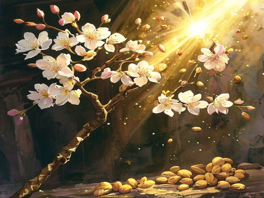 亚伦的枯杖奇迹般发芽、开花、结满熟杏，金色光芒照耀在会幕中