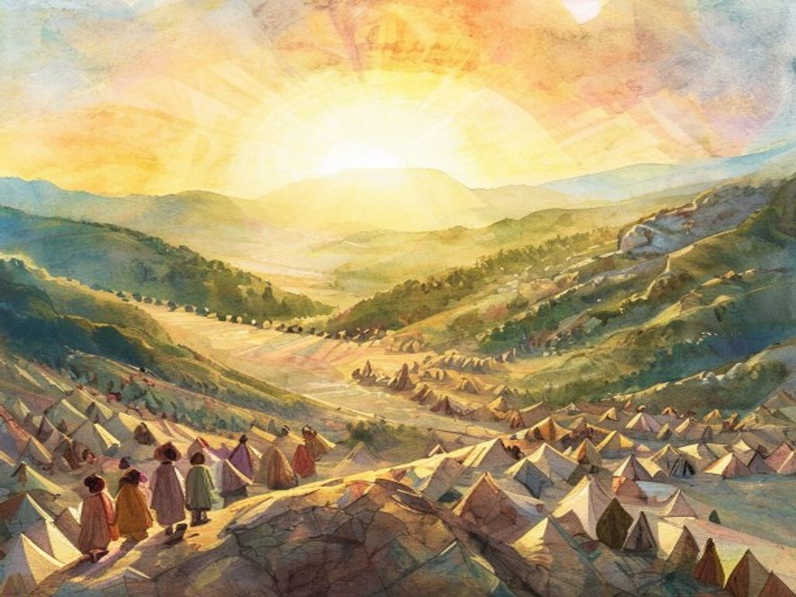巴兰站在高岩顶上俯瞰旷野中以色列人的大片营帐，伸出手臂发祝福预言，远处日出金光