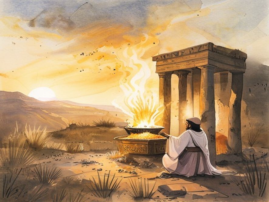清晨的会幕，祭司献上早晨的羊羔，金色的晨光照耀以色列营地