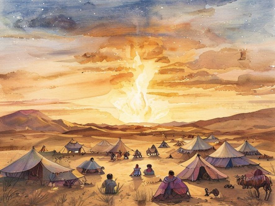 以色列人在旷野中安营，云柱在营中发光，夕阳下数不清的帐篷