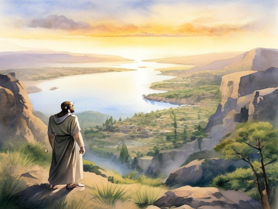摩西站在山上远望迦南地，晨光中隐约能看到大海、河流、山谷——父应许的四境之地