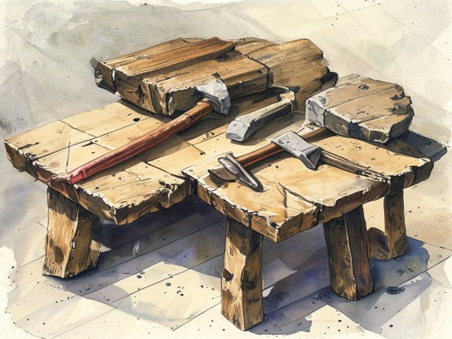 一个古代木桌上放着铁制工具、一块大石头和一截粗木棍——三样代表故杀的物品