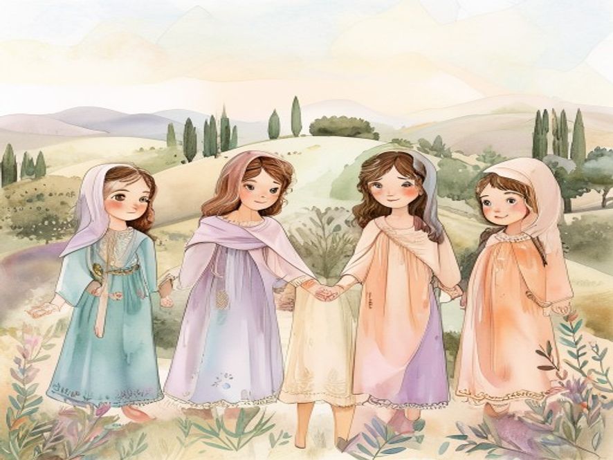 五位年轻女子身穿不同柔美色调的古代长袍站在一起，手牵着手，背景是柔和的山丘和橄榄树